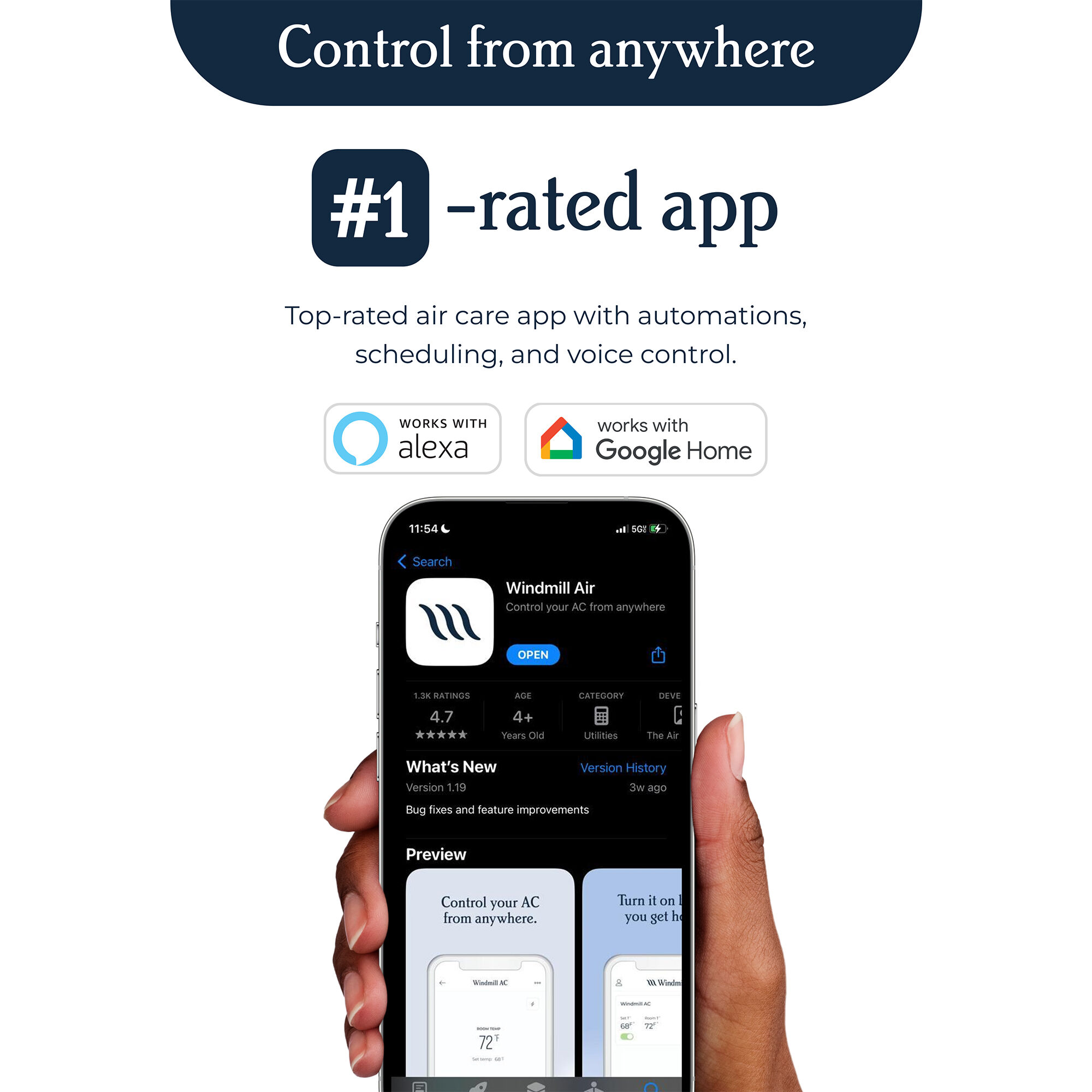 Hand holding smartphone displaying the Windmill Air app with 4.7 stars and 1.3K ratings. Text reads Control from anywhere, number one rated app, works with Alexa and Google Home.