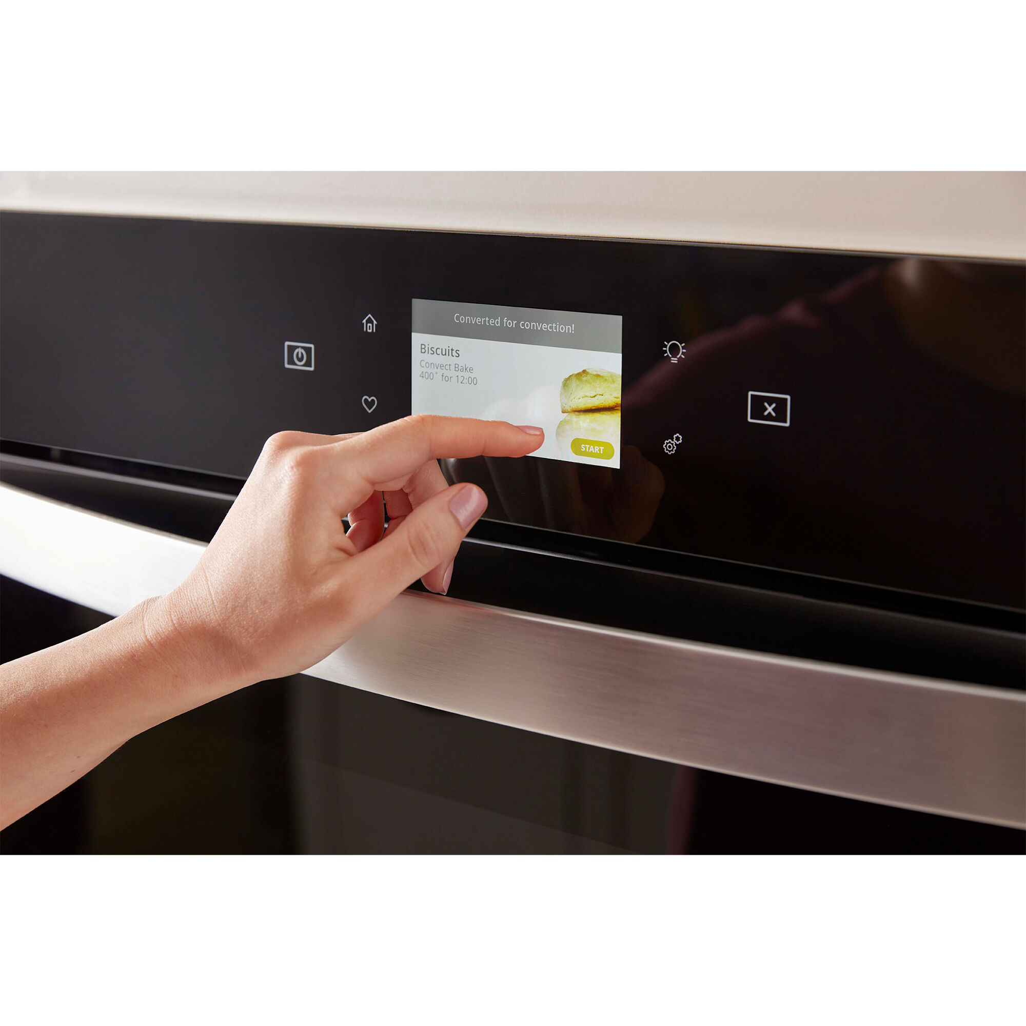 Close-up of the Whirlpool WOED7027PZ touchscreen control panel with intuitive interface for smart oven settings.