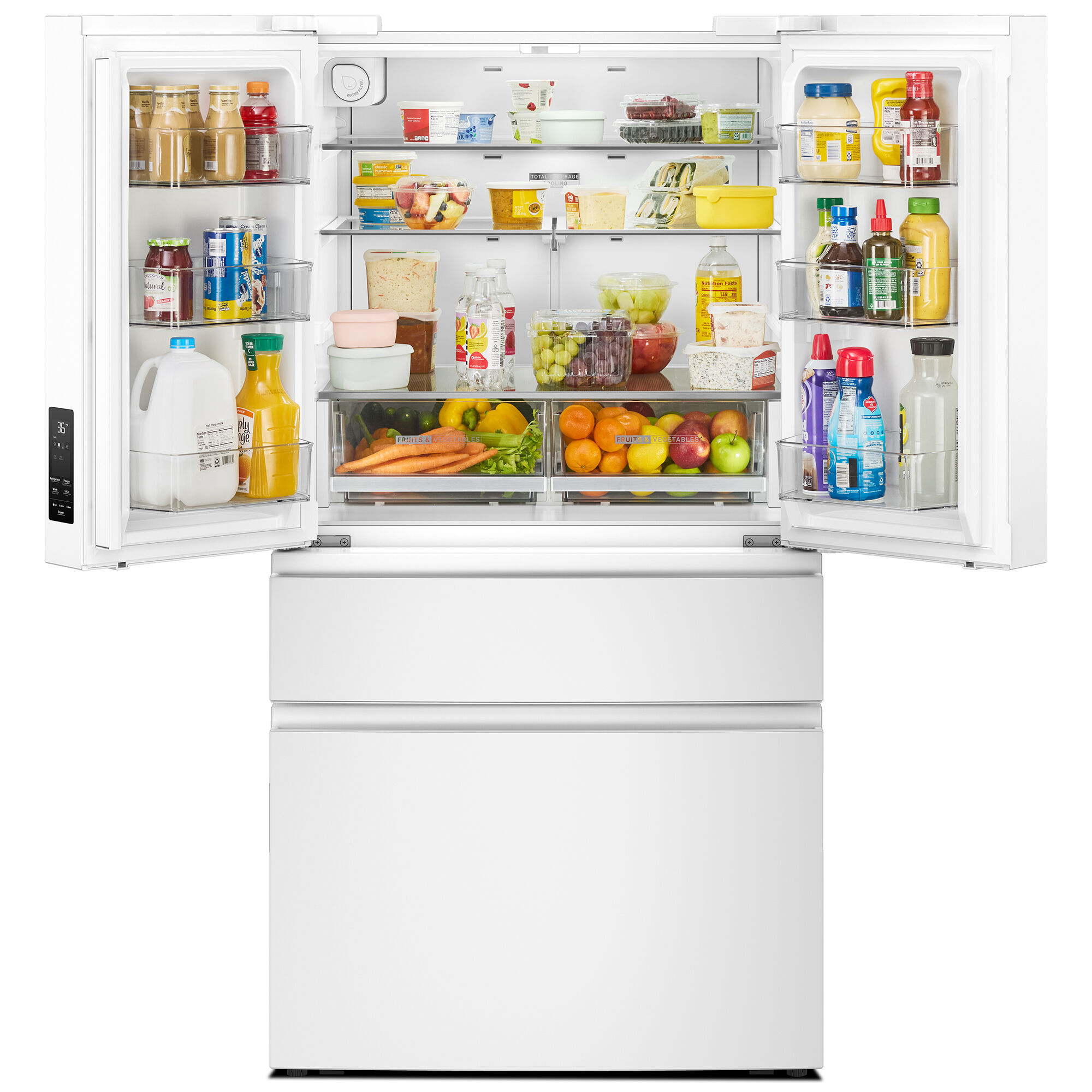 Whirlpool WRMF3336SW 4-door French door refrigerator in White, open to show fully stocked shelves, door bins, and organized fresh food storage.