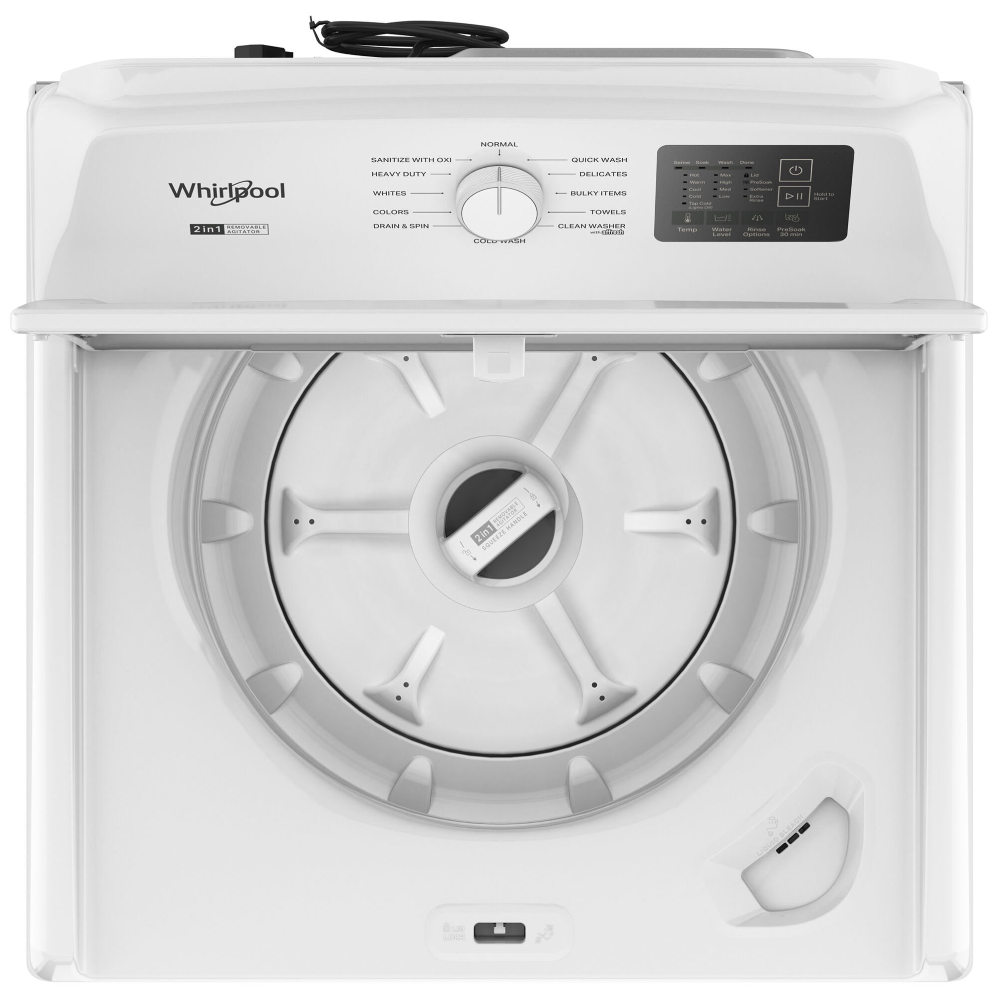 Whirlpool WTW4107SW top load washer in white with lid open showing the 2-in-1 removable agitator.