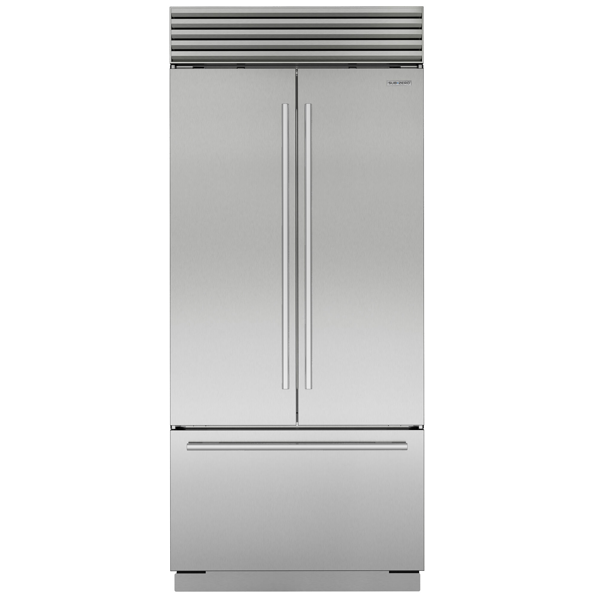 Sub-Zero Classic Series 36-inch French Door Refrigerator/Freezer model CL3650UFDSP in stainless steel with professional handles, showing upper French door fresh food compartment and lower freezer drawer