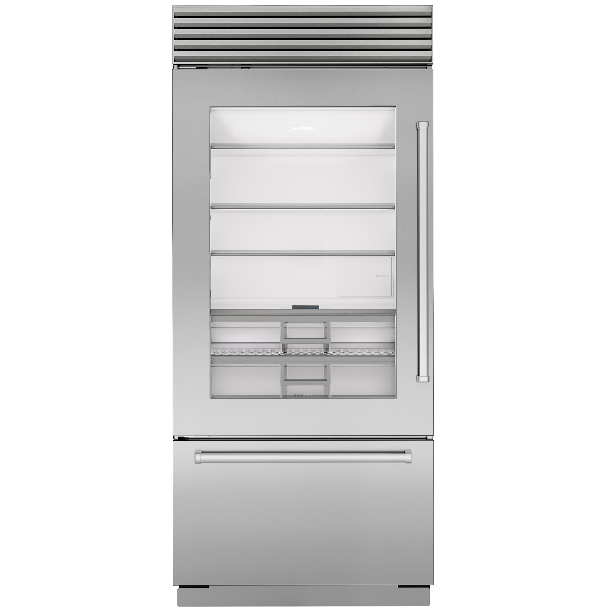 Sub-Zero Classic Series Built-In Bottom Freezer Refrigerator model CL3650UGSPL in Stainless Steel with Professional Handles, front facing view on white background.
