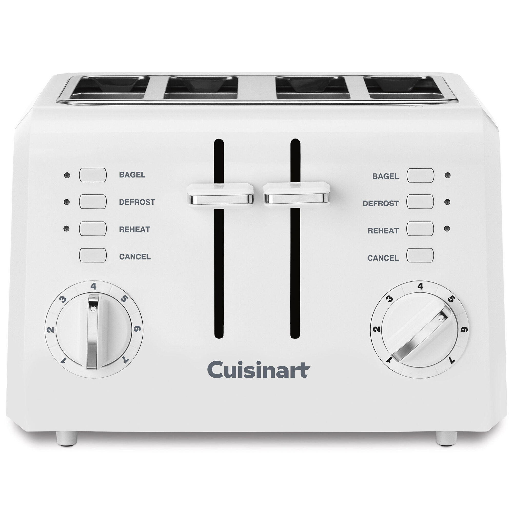 Cuisinart CPT-142P1 4-Slice Compact Toaster, front view, white finish with stainless steel accents