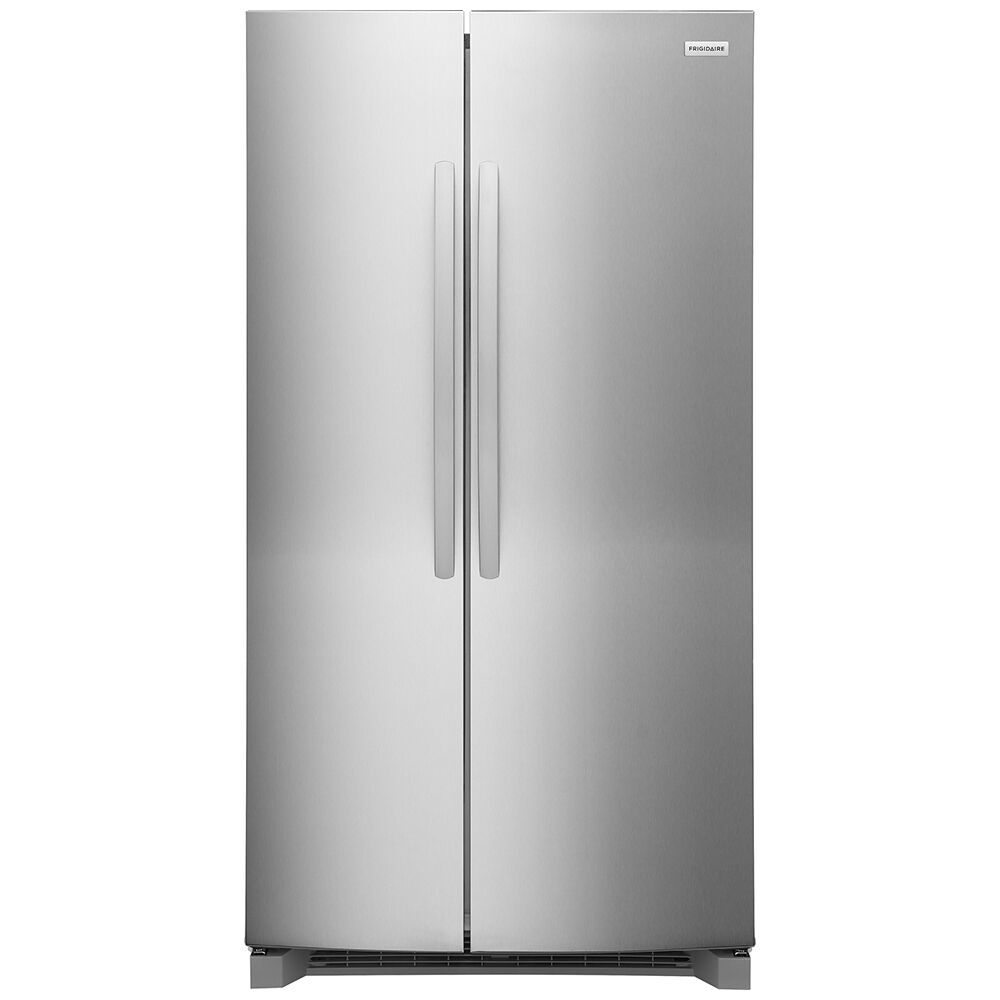 Frigidaire FRSN2610AF side-by-side refrigerator in stainless steel finish, front view