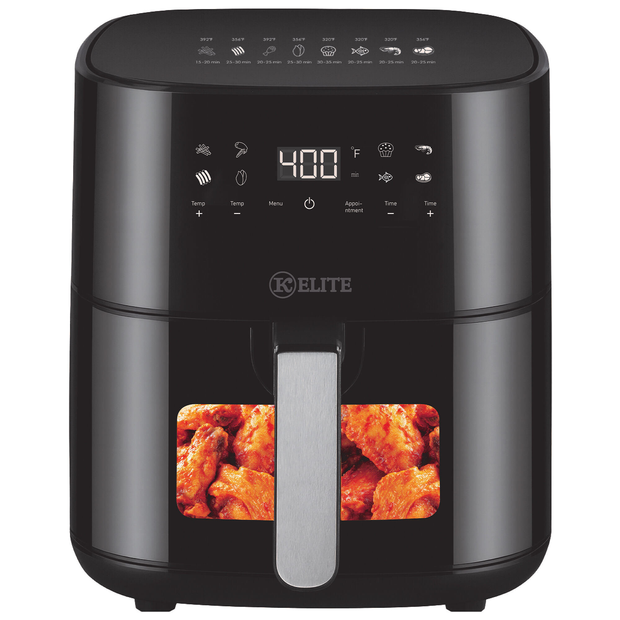 Kitchen Elite KE-AF8000 8-Quart Digital Air Fryer in Black, shown from the front, displaying the touch screen digital panel and viewing window