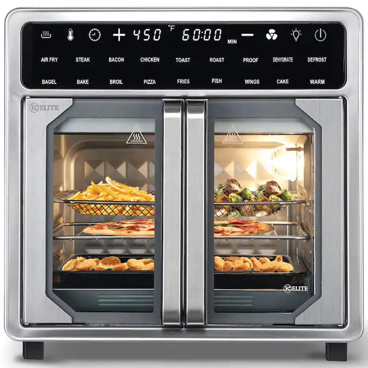 Kitchen Elite KE-AFO-110FD 16 Quart French Door Air Fryer Oven in Stainless Steel finish, shown with French doors open revealing the spacious interior oven cavity