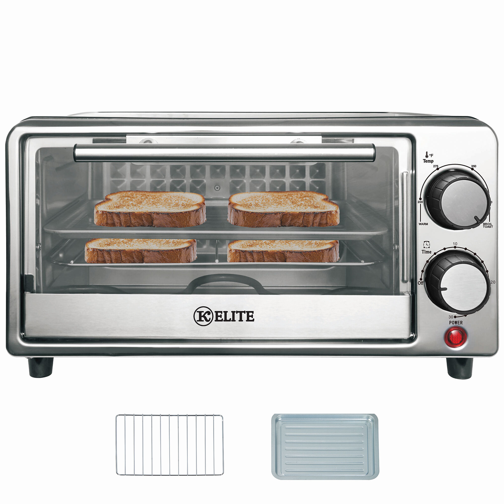 Kitchen Elite stainless steel 4-slice toaster oven with glass door, two control knobs, and a red indicator light. Includes a wire rack and baking tray. Four slices of toast visible inside.