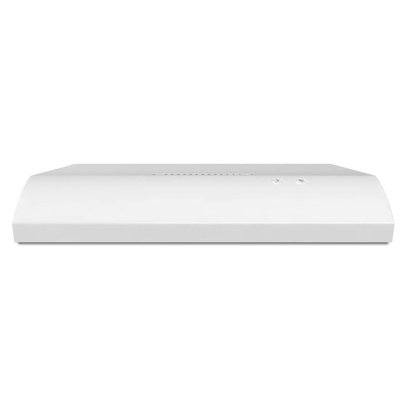 Whirlpool UXT2030ADW 30-inch ducted undercabinet range hood in white finish, shown on white background.