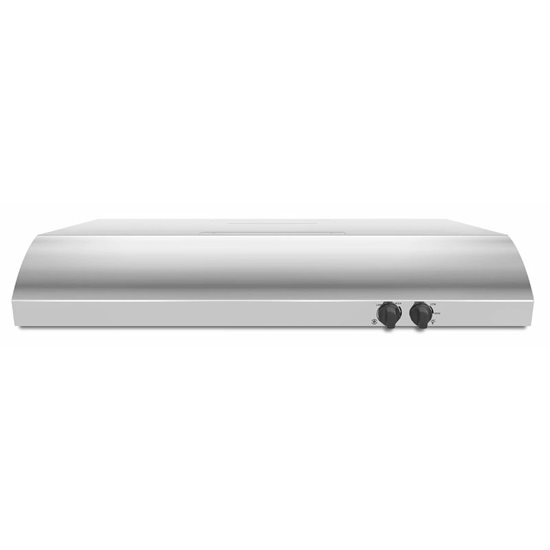 Whirlpool UXT4236ADS 36-inch stainless steel undercabinet range hood shown on white background.