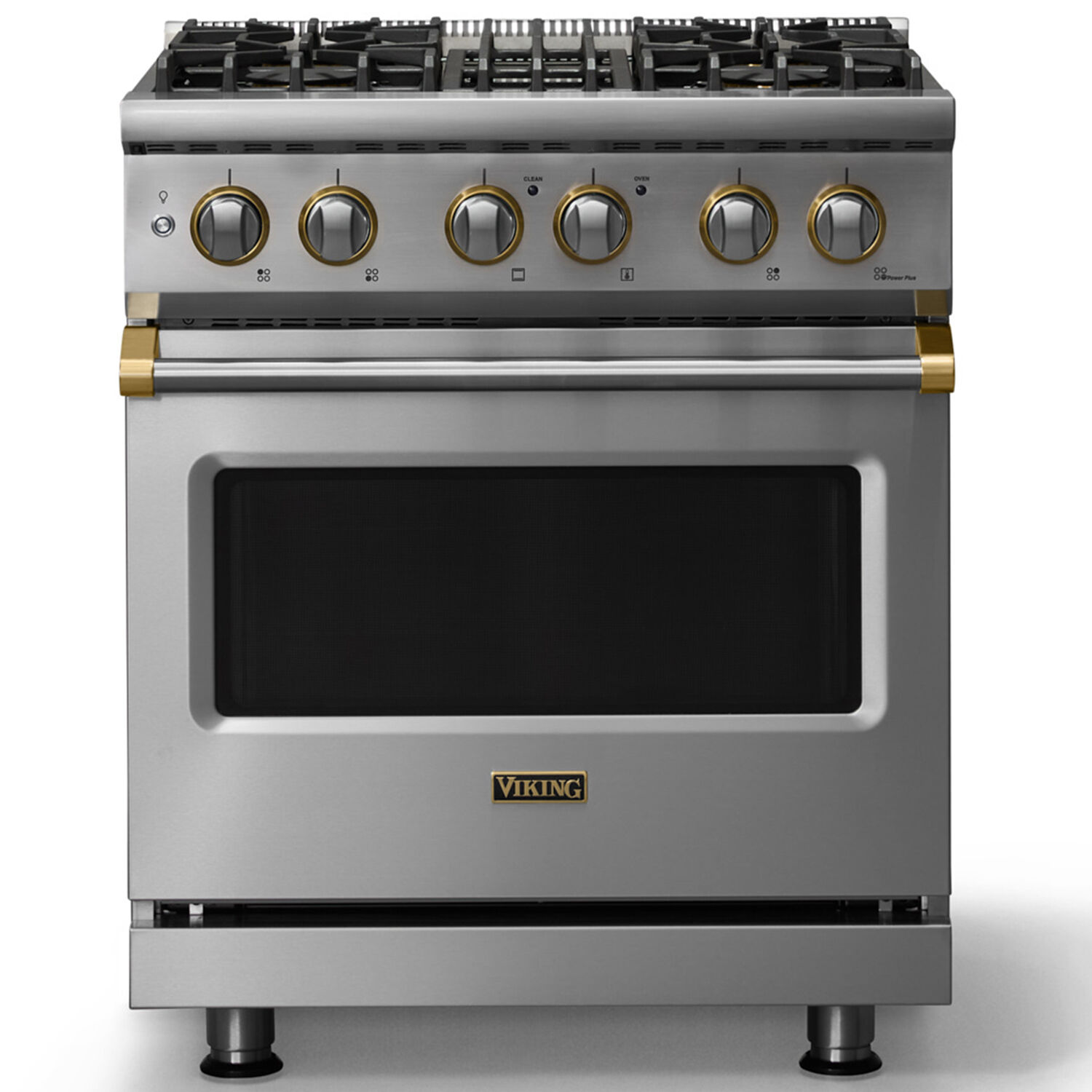 Viking 30-inch 5 Series Dual Fuel Range in Stainless Steel with Brass finish, freestanding, front view showing sealed burner cooktop and control knobs