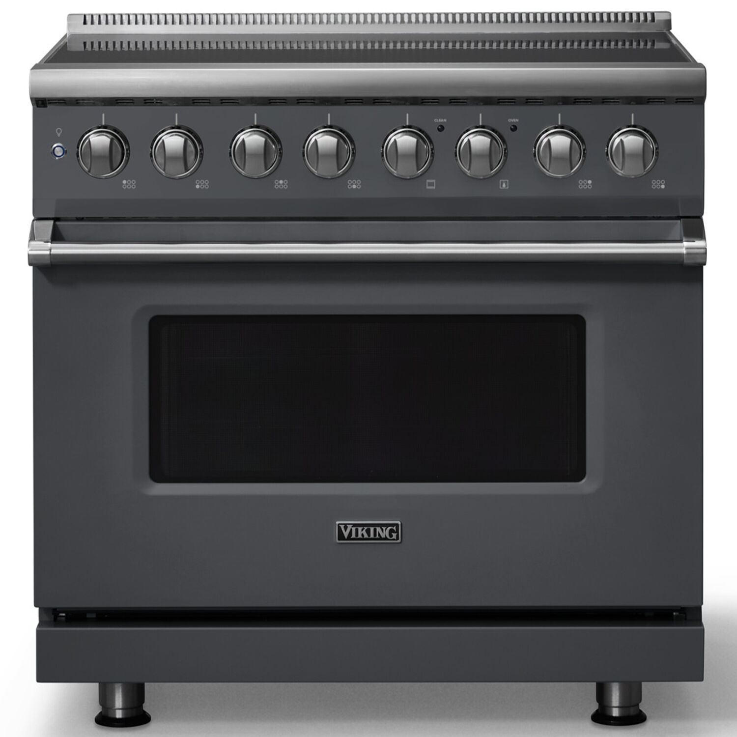 Viking 5 Series VIR53646BCS front view showing induction cooktop and Cast Black finish with polished chrome trim