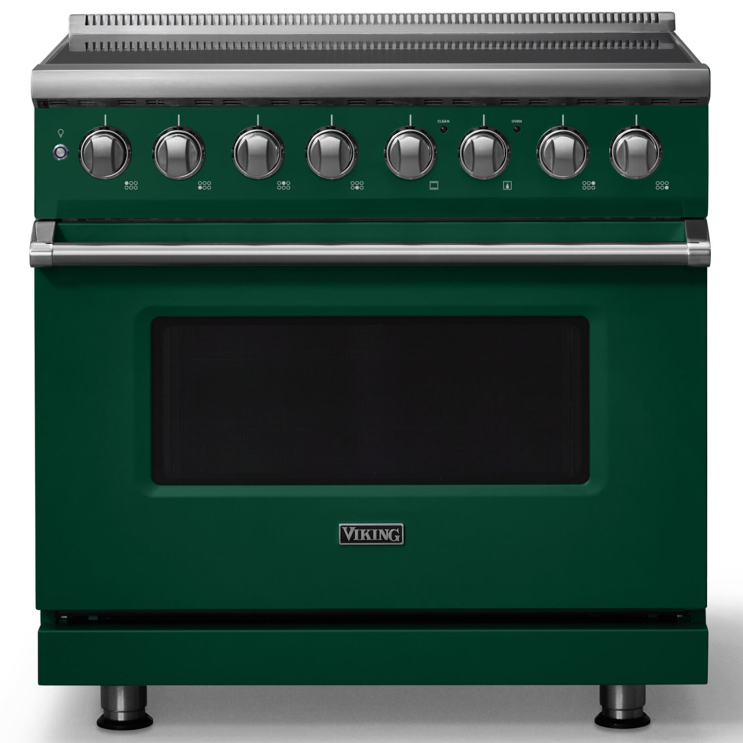 Viking 5 Series VIR53646BIV front view showing induction cooktop and Ivy Green finish with polished chrome trim