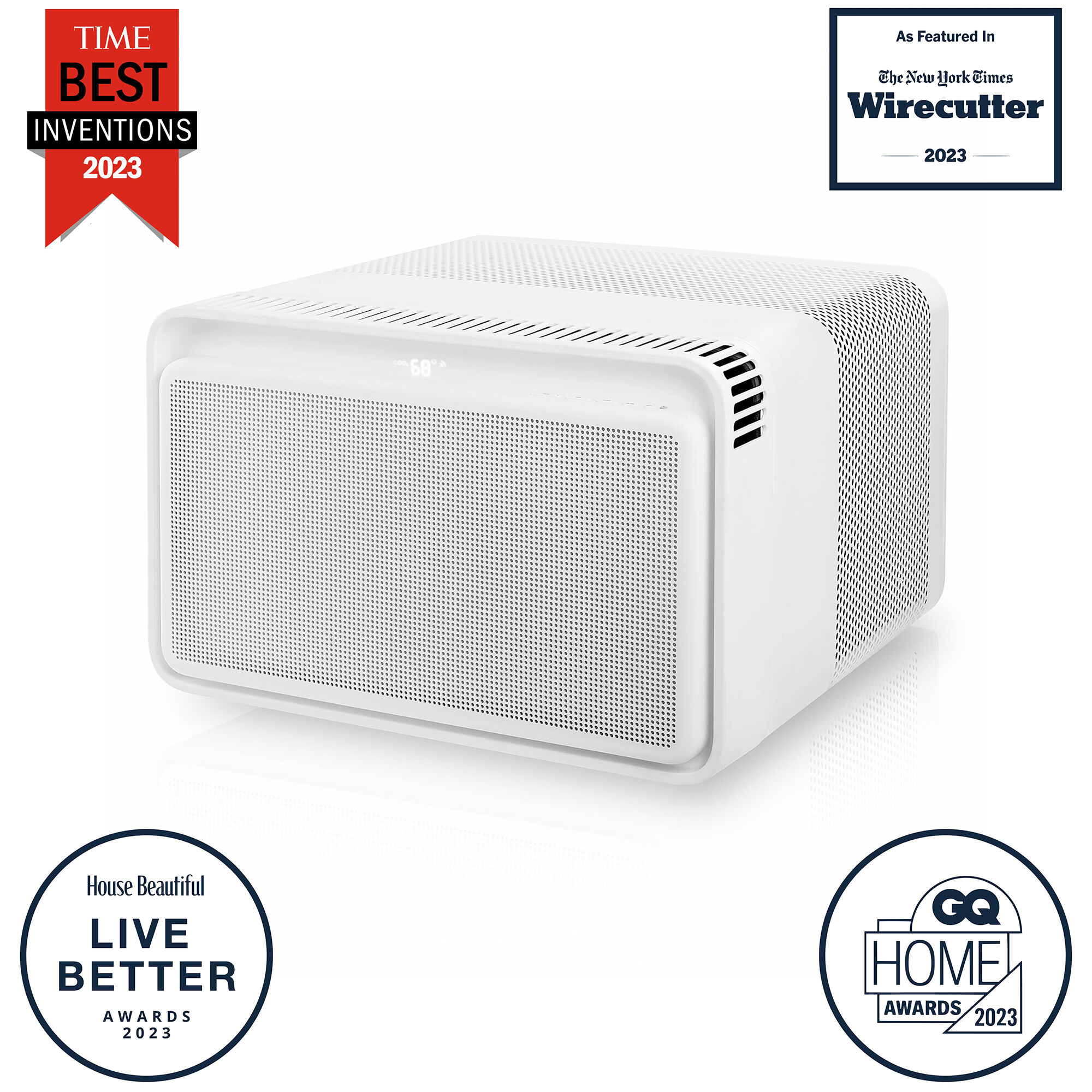 Windmill AC W1W12 white window air conditioner shown with award badges: TIME Best Inventions 2023, Wirecutter 2023, House Beautiful Live Better Awards 2023, and GQ Home Awards 2023.