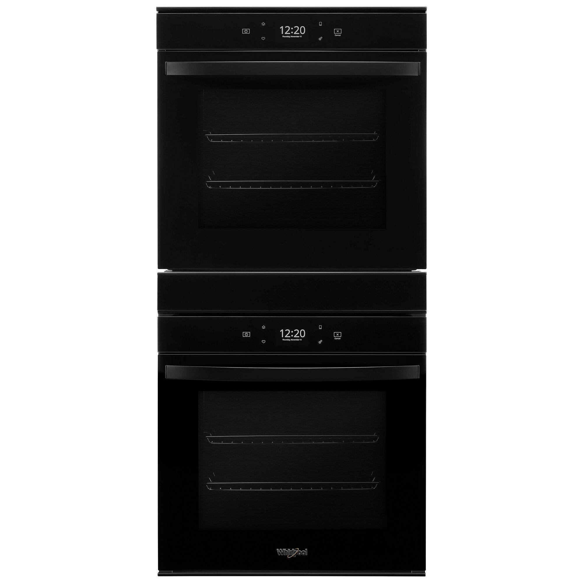 Whirlpool WOD52ES4MB 24-inch double wall oven in black finish, shown on white background.