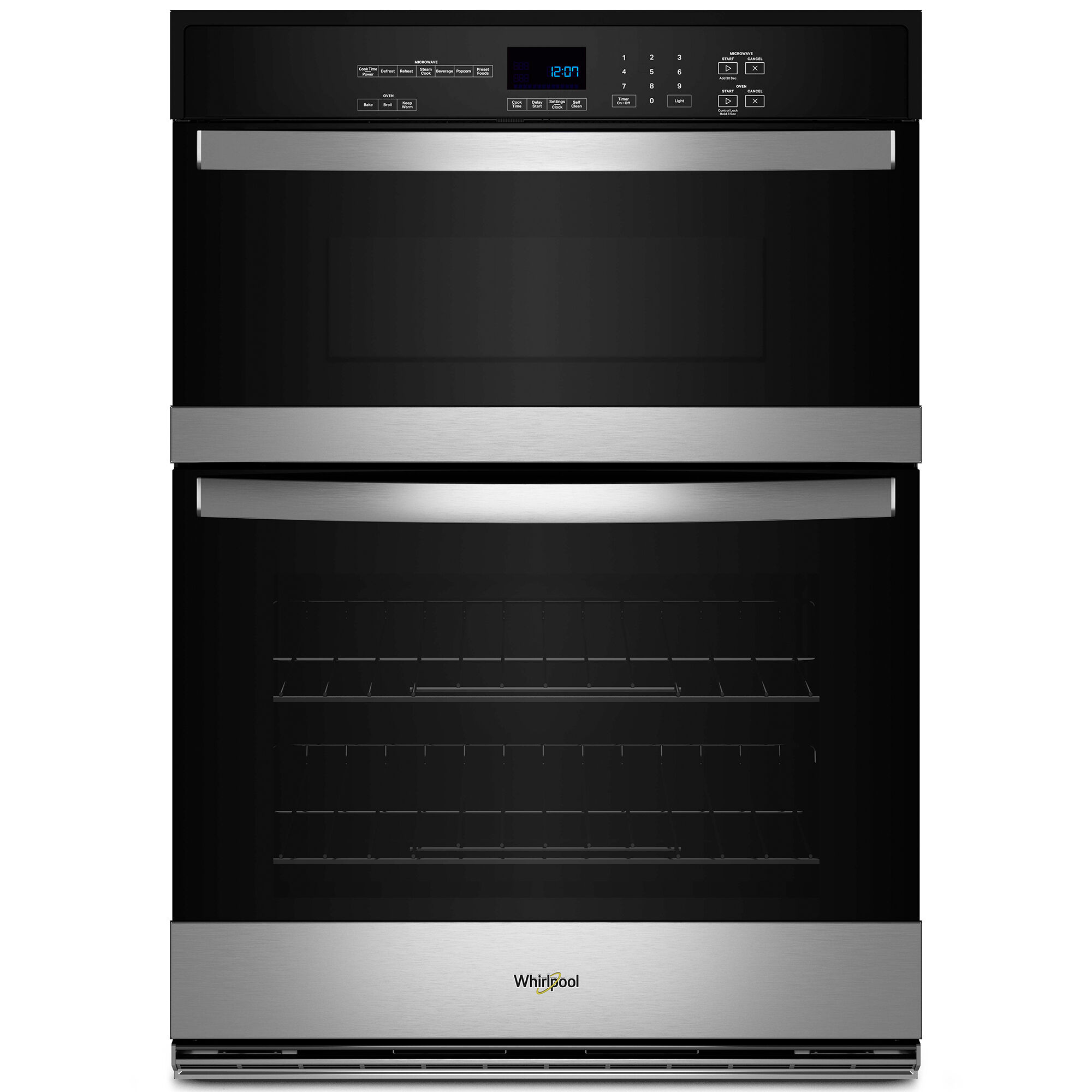 Whirlpool WOEC3030LS 6.4 cu. ft. combo self-cleaning wall oven in stainless steel finish, shown on white background.