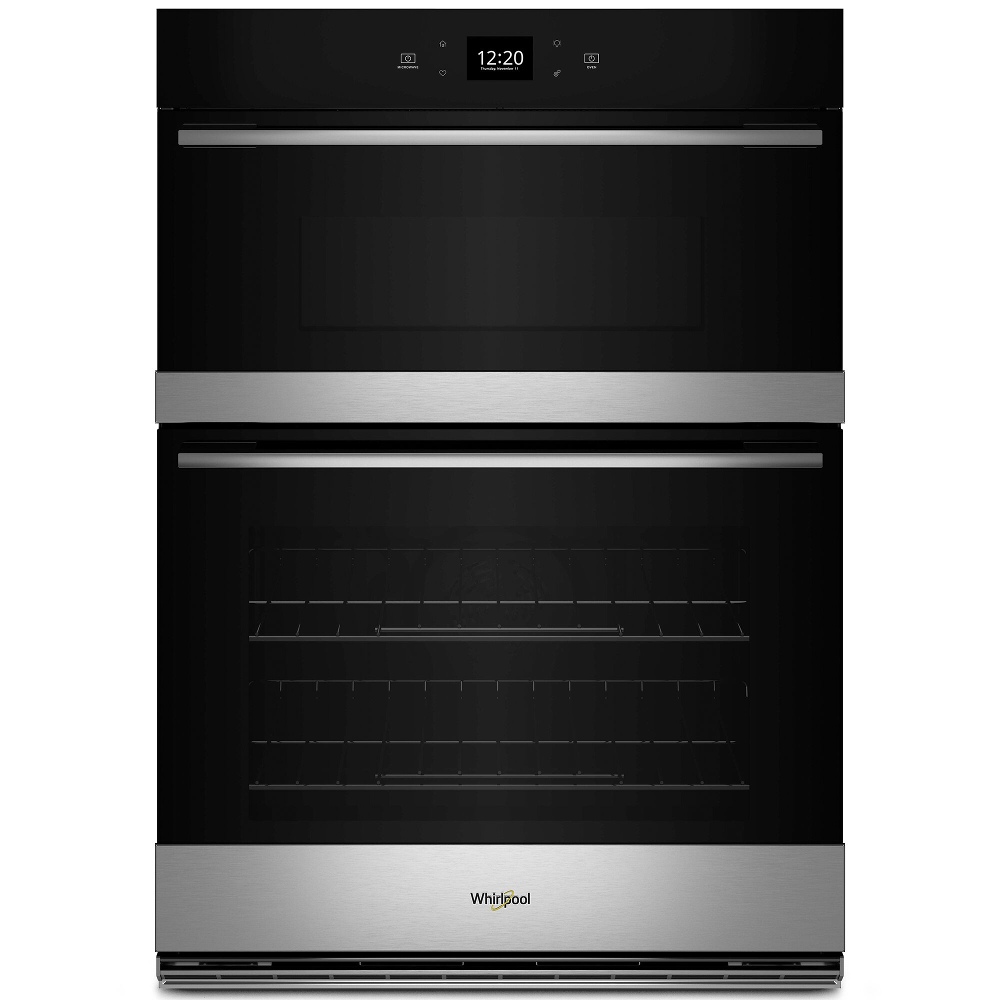 Whirlpool WOEC5930LZ combo wall oven in fingerprint resistant stainless steel showing the EasyView extra-large oven window.