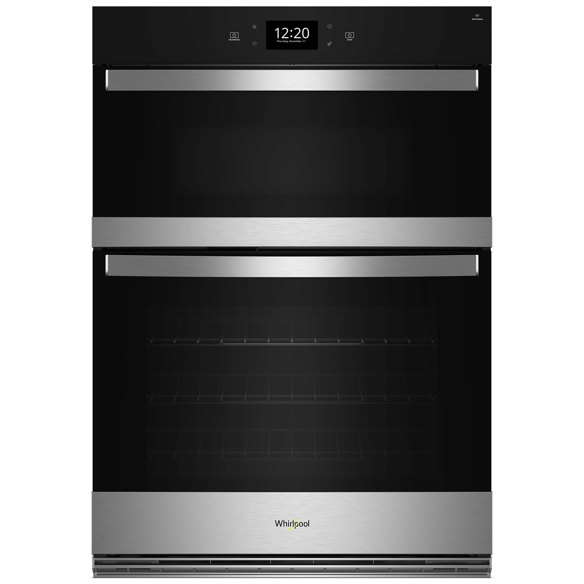 Whirlpool WOEC7027PZ wall oven microwave combo in fingerprint resistant stainless steel finish, shown installed in kitchen cabinetry.