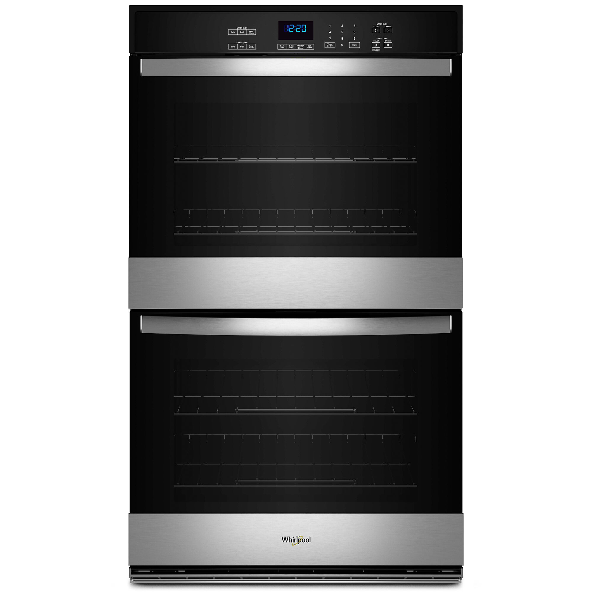 Whirlpool WOED3030LS 30-inch double electric wall oven in stainless steel finish, shown on white background.