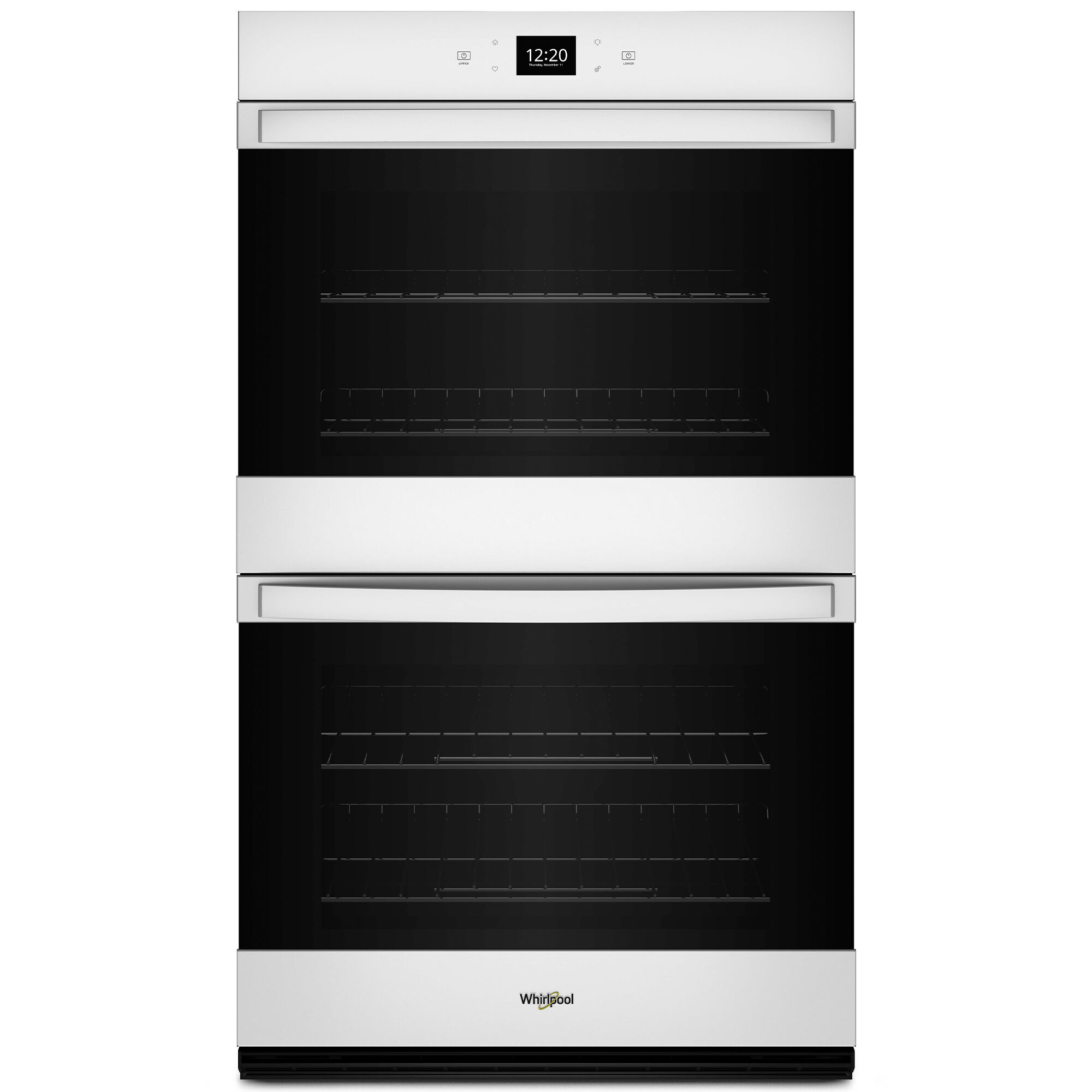 Whirlpool WOED5027LW 8.6 cu. ft. double wall oven in white finish shown on white background.