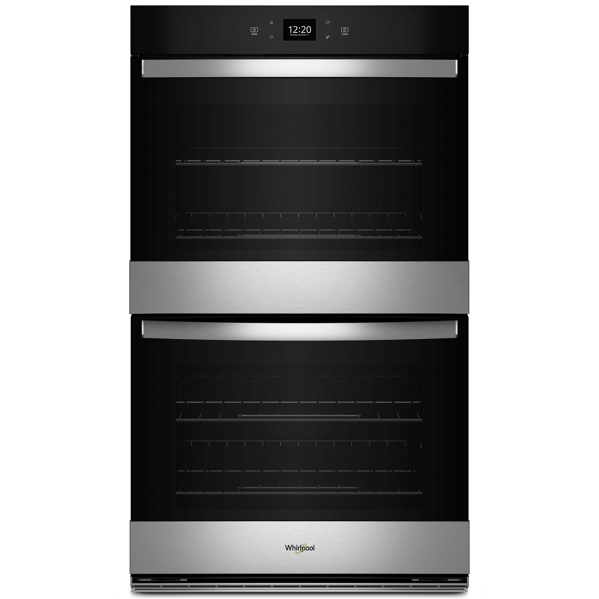 Whirlpool WOED5027LZ 8.6 cu. ft. double wall oven in white finish shown on white background.