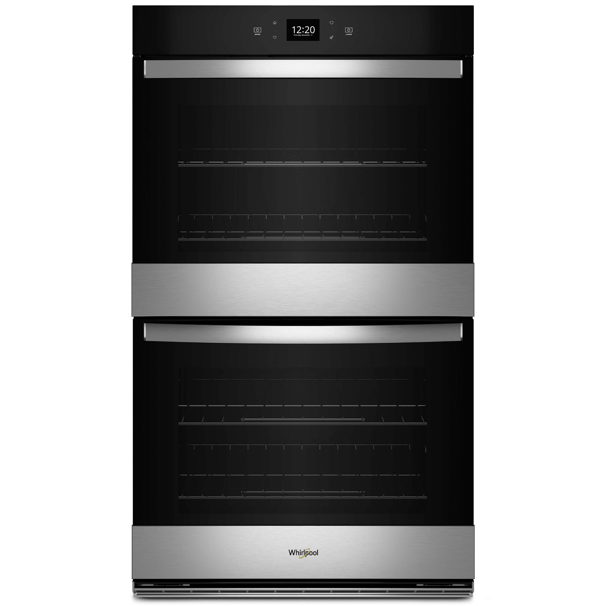 Whirlpool WOED5930LZ double wall oven in fingerprint resistant stainless steel shown on a white background.