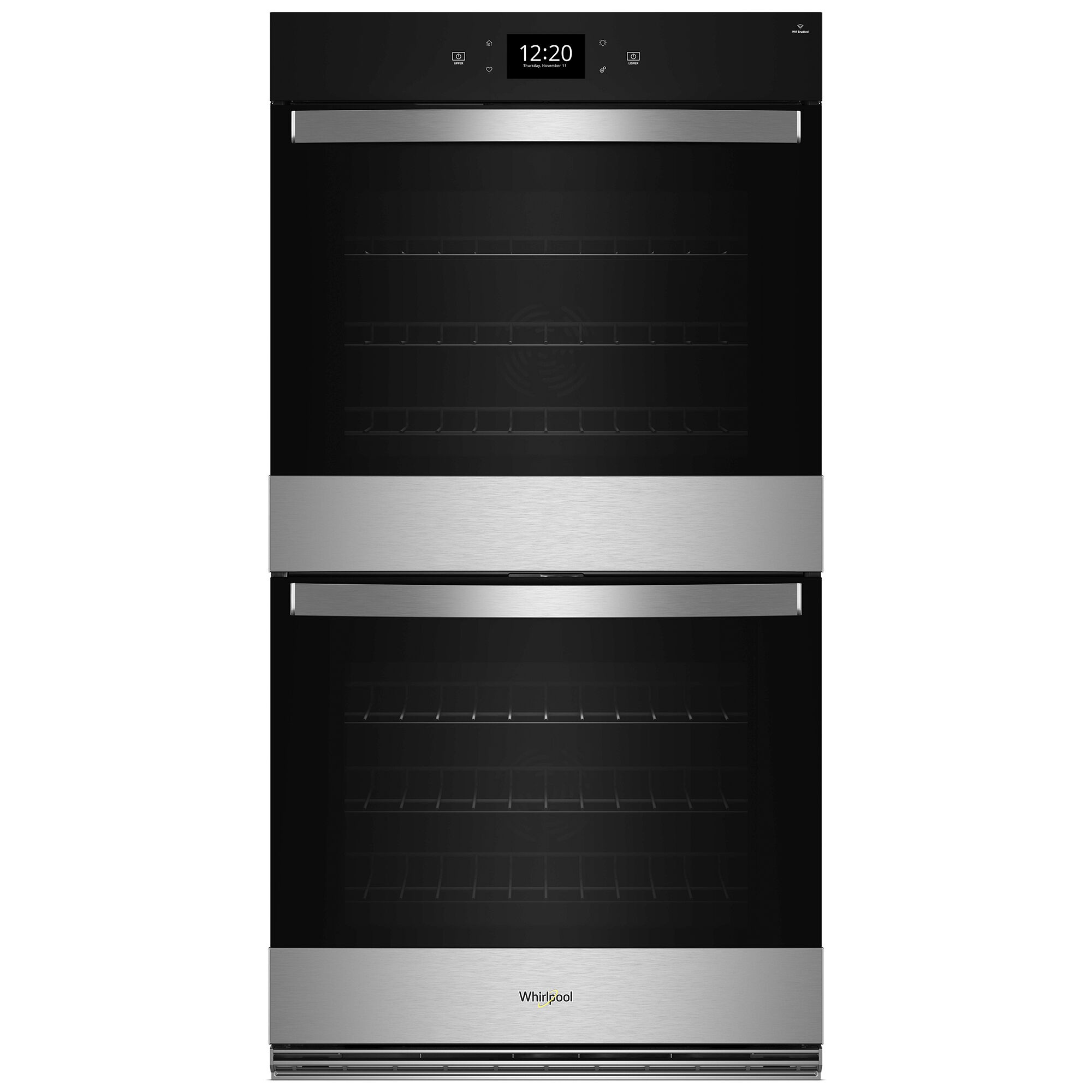 Whirlpool WOED7027PZ double smart wall oven with Air Fry Mode shown in fingerprint resistant stainless steel finish.