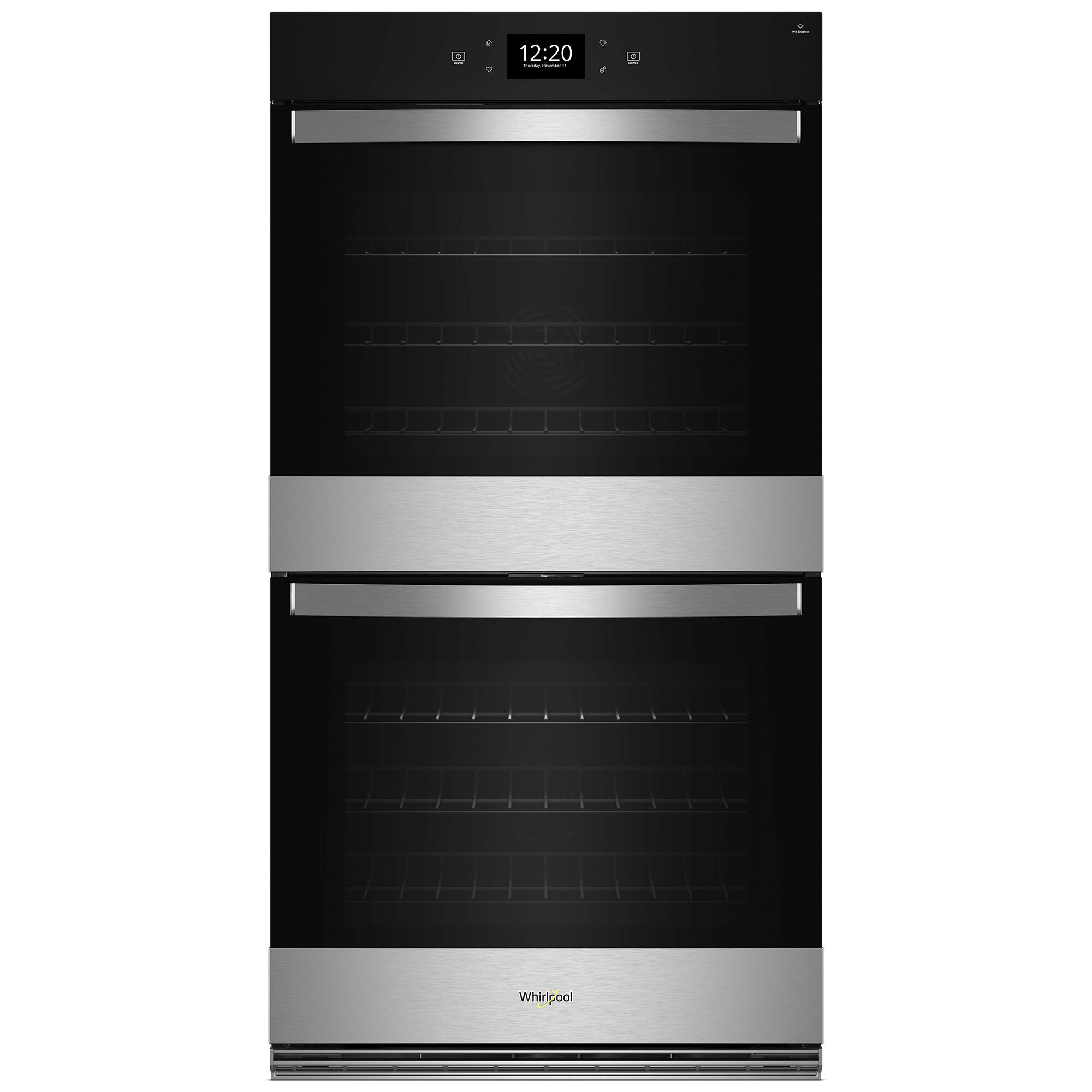 Whirlpool WOED7030PZ 10.0 cu. ft. Double Smart Wall Oven with Air Fry in Fingerprint Resistant Stainless Steel, installed in a modern kitchen.