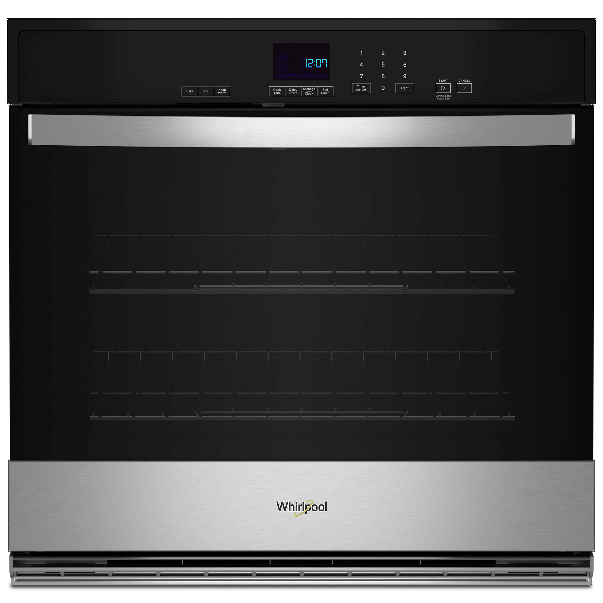 Whirlpool WOES3027LS single wall oven in stainless steel finish shown from the front.