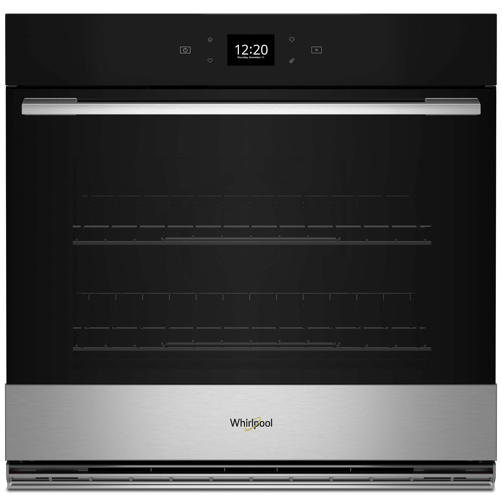 Whirlpool WOES5930LZ single wall oven in fingerprint resistant stainless steel with Air Fry mode activated via the Whirlpool app.