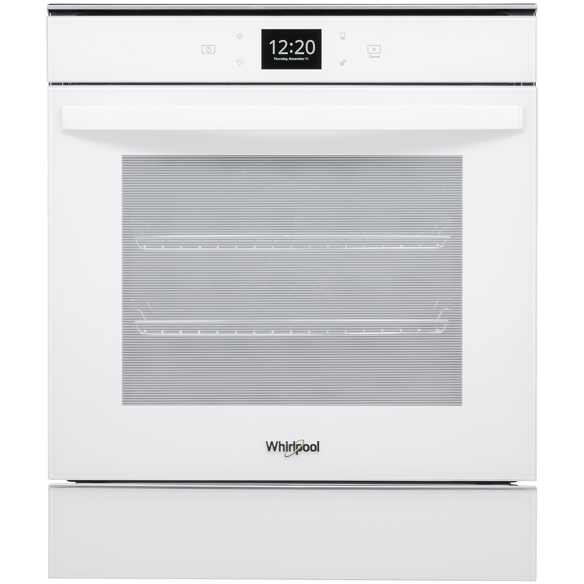 Whirlpool WOS52ES4MW 24-inch electric wall oven in white finish shown on white background.