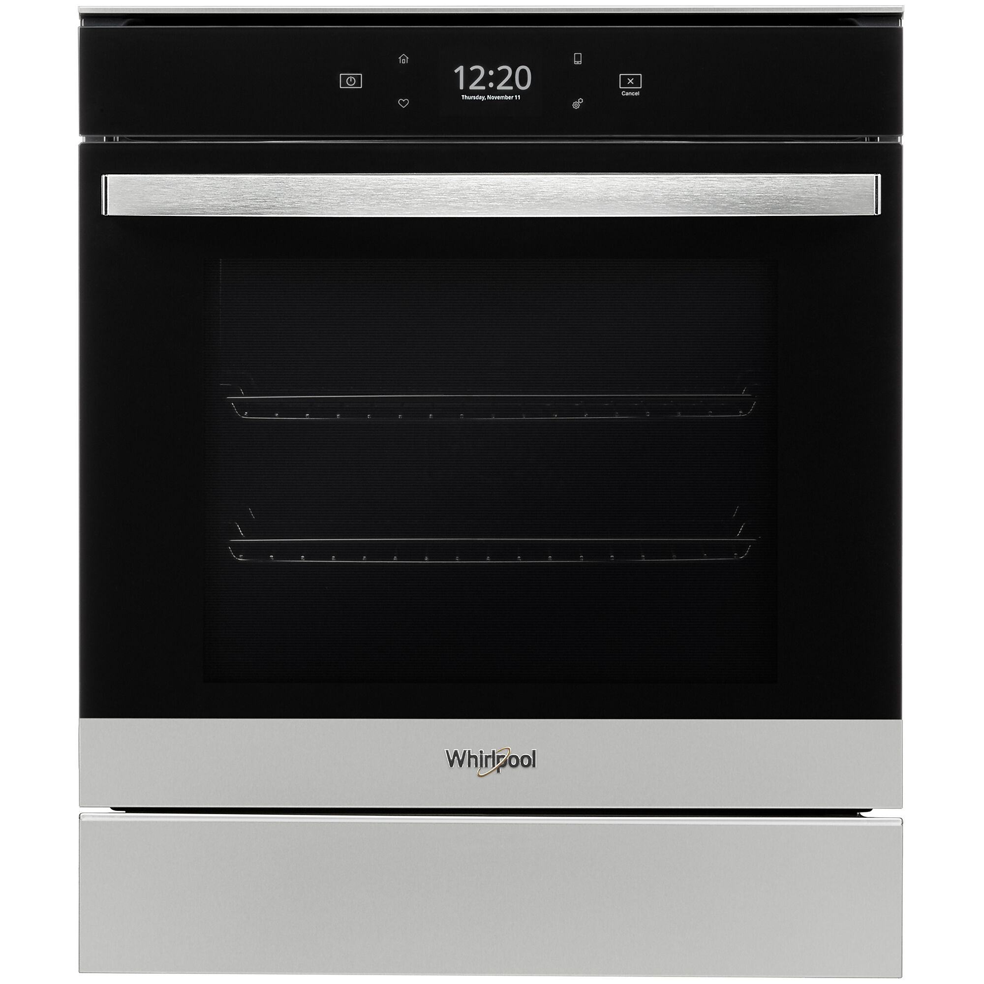 Whirlpool WOS52ES4MZ 24-inch electric wall oven in a fingerprint resistant stainless steel finish shown on a white background.