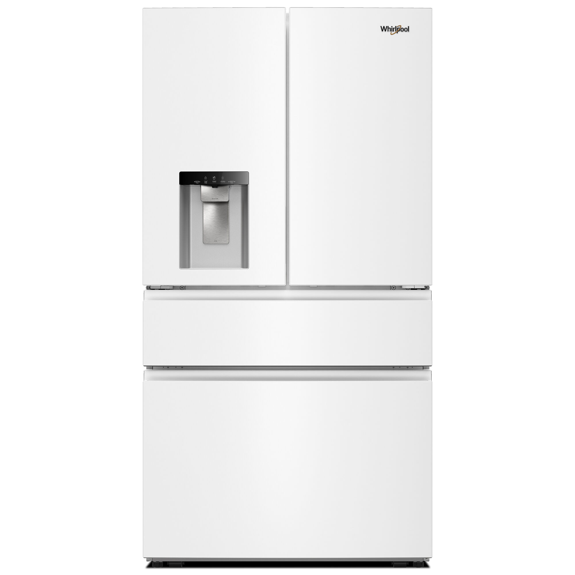 Whirlpool WRMF3536SW 36-inch 4-Door French Door refrigerator in white finish, shown on white background.
