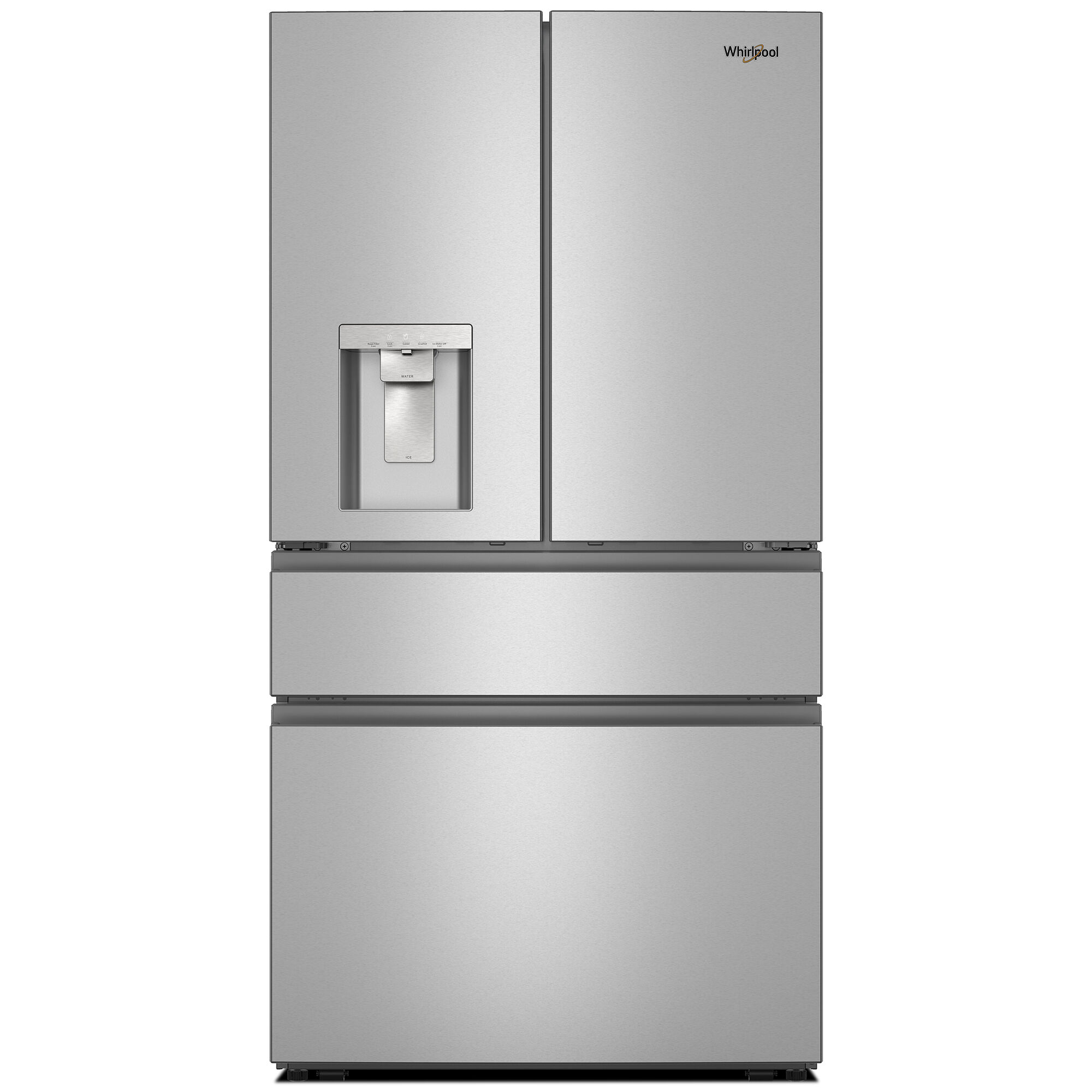 Whirlpool WRMF3536SZ 36-inch 4-Door French Door refrigerator in Fingerprint Resistant Stainless Steel finish, shown on white background.