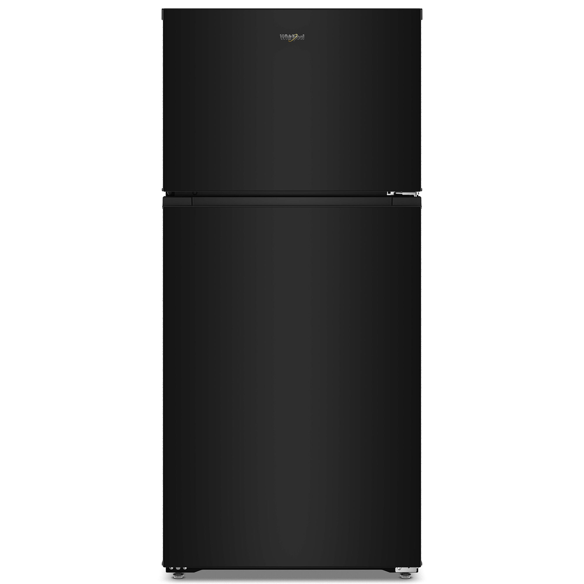 Whirlpool WRTX3014TB 28-inch top freezer refrigerator in black finish shown on white background.