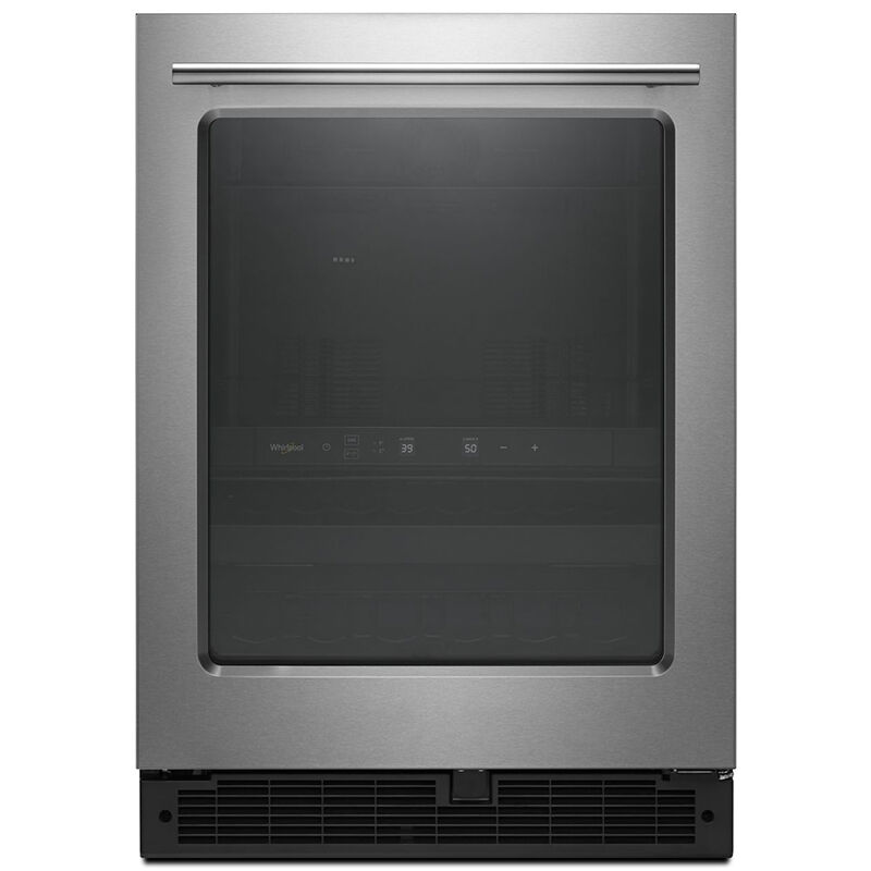Whirlpool WUB35X24HZ 24-inch stainless steel beverage center with dual zone cooling and wine storage, shown on white background.