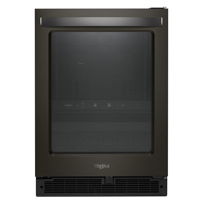 Whirlpool WUB50X24HV 24-inch black beverage center with glass door, shown on white background.