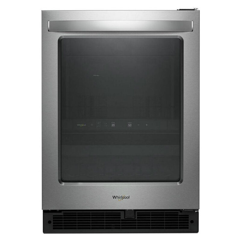 Whirlpool WUB50X24HZ 24-inch stainless steel beverage center with glass door, shown on white background.