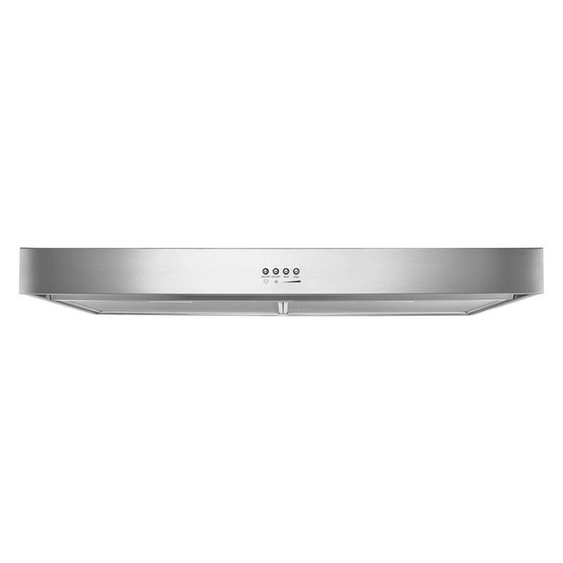 Whirlpool WVU37UC0FS 30-inch stainless steel under-cabinet range hood shown on white background.