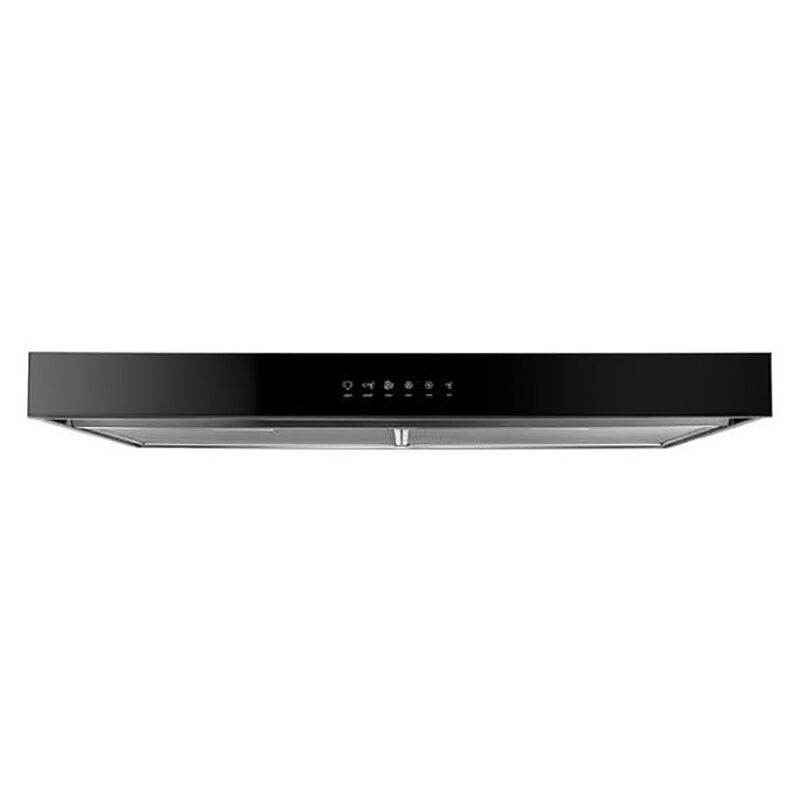 Whirlpool WVU57UC0FS 30-inch under-cabinet range hood with black glass touch controls and stainless steel sides, shown on white background.