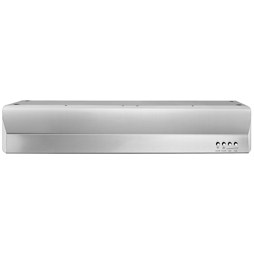 Whirlpool Gold WVU7130JS 30-inch stainless steel under-cabinet range hood shown installed above a cooktop.