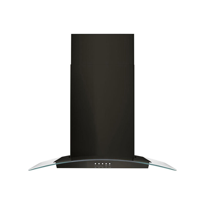 Whirlpool WVW51UC0HV 30-inch convertible chimney style range hood in black stainless, shown on white background.