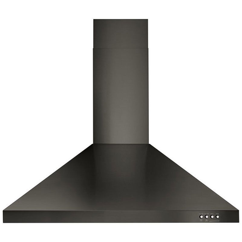 Whirlpool WVW53UC0HV 30-inch chimney-style range hood in black stainless finish, shown on white background.