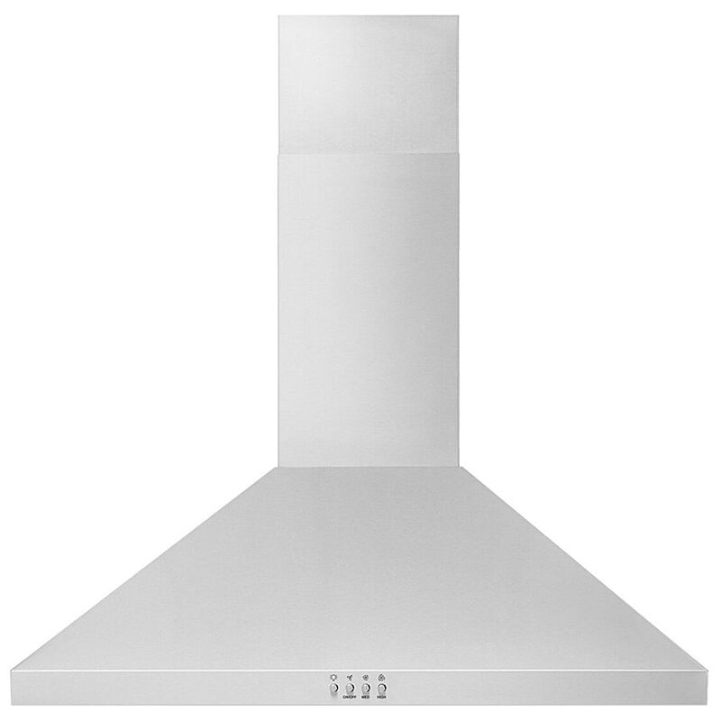 Whirlpool WVW53UC0LS 30-inch wall-mount canopy range hood in stainless steel finish, shown on white background.