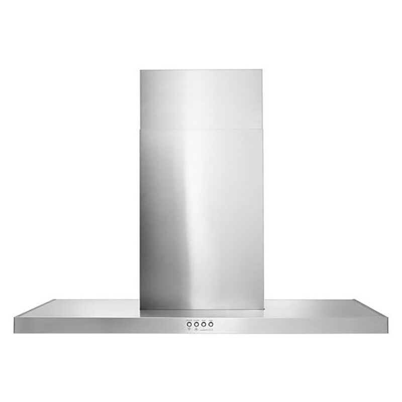Whirlpool WVW57UC6FS 36-inch stainless steel wall mount flat range hood shown on white background.