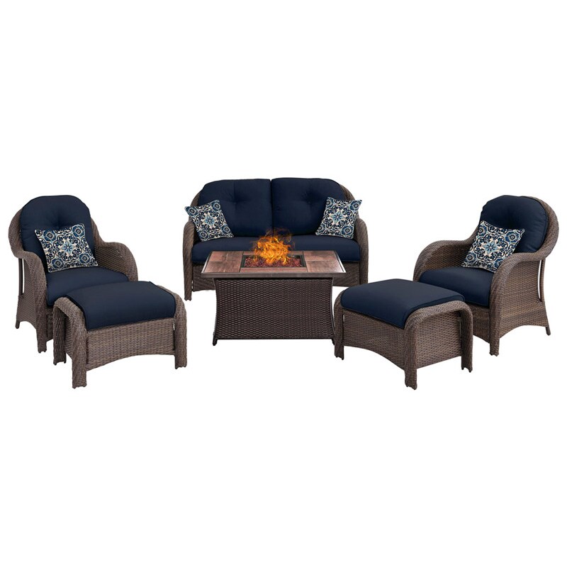 Hanover Newport 6 Piece Wood Grain Tile Top Propane Fire Pit Patio