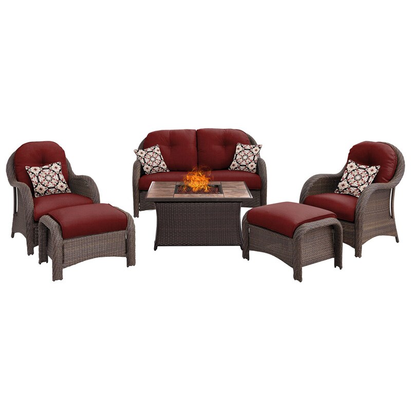 Hanover Newport 6 Piece Tile Top Propane Fire Pit Patio Seating