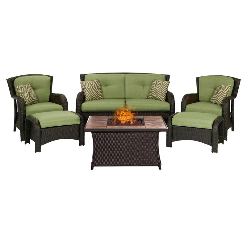 Hanover Strathmere 6 Piece Tile Top Propane Fire Pit Patio Seating