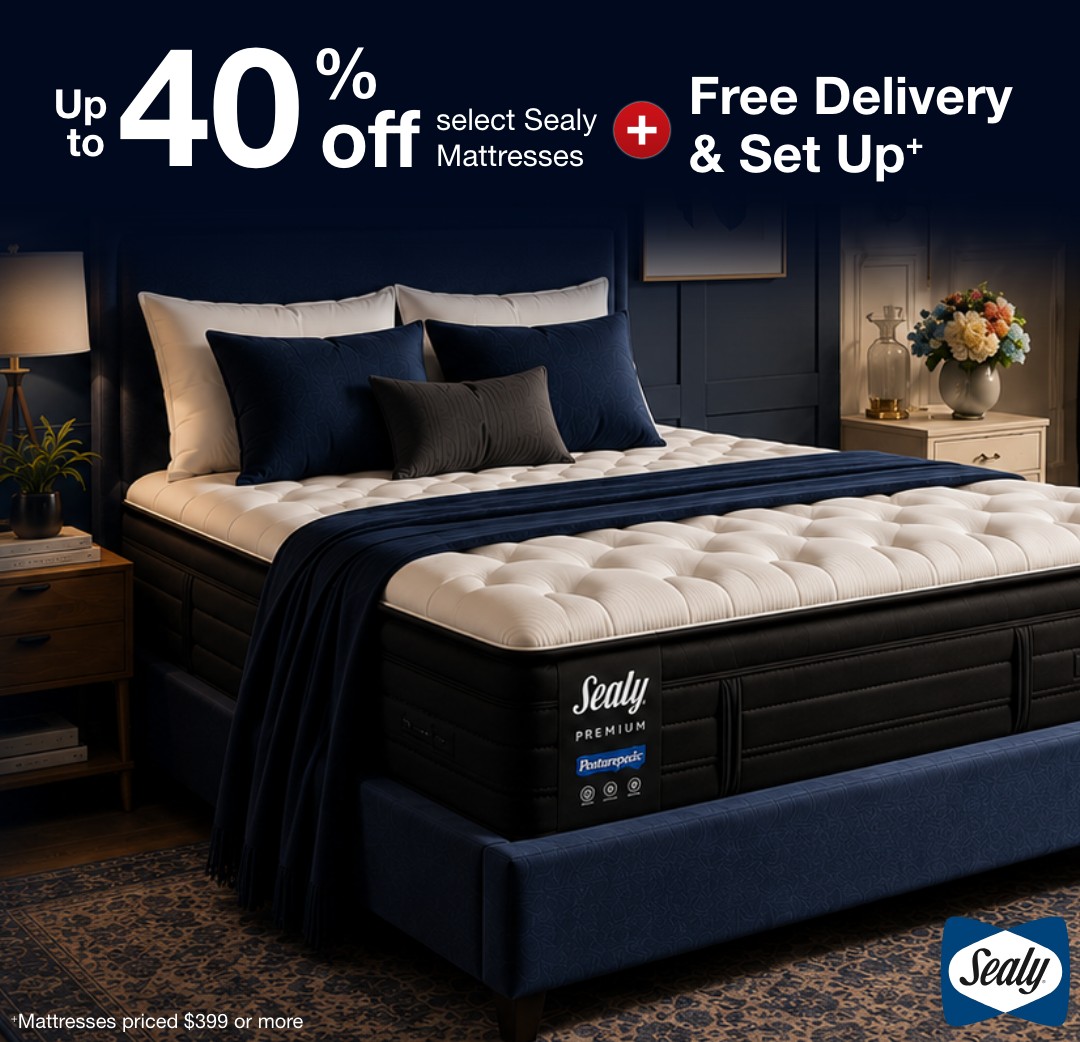 up to 40% off select sealy matresses + free delivery & setup+