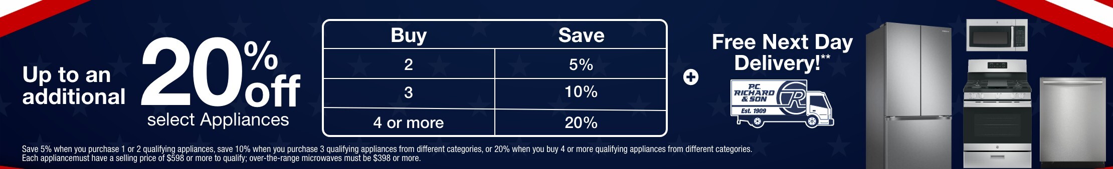 up to an additional 20 percent off select appliances plus free next day delivery. Save five percent when you purchase 1 or 2 qualifying appliances, save 10 percent when you purchase 3 qualifying appliances from different categories or 20 percent when you buy 4 or more qualifying appliances from different categories each 
