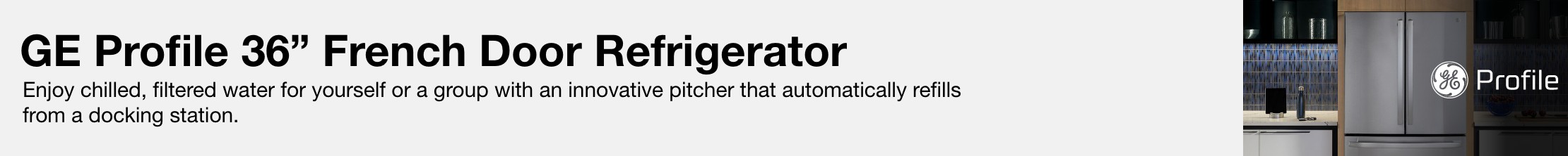 GE Profile 36 inch french door refrigerator enjoy chilled filtered water for yourself or a group with an innovative pitcher that automatically refills from a docking station.